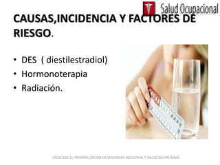 CAUSAS,INCIDENCIA Y FACTORES DE
RIESGO.

• DES ( diestilestradiol)
• Hormonoterapia
• Radiación.




          CACECSISO SU PRIMERA OPCION EN SEGURIDAD INDUSTRIAL Y SALUD OCUPACIONAL
 