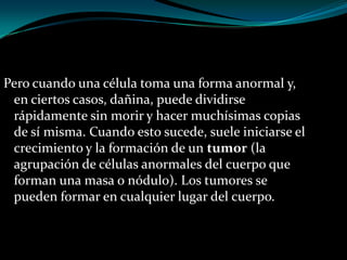 Pero cuando una célula toma una forma anormal y,
 en ciertos casos, dañina, puede dividirse
 rápidamente sin morir y hacer muchísimas copias
 de sí misma. Cuando esto sucede, suele iniciarse el
 crecimiento y la formación de un tumor (la
 agrupación de células anormales del cuerpo que
 forman una masa o nódulo). Los tumores se
 pueden formar en cualquier lugar del cuerpo.
 