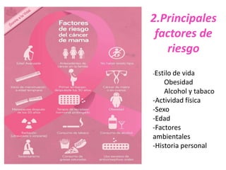 2.Principales
 factores de
   riesgo
-Estilo devida
    Obesidad
    Alcohol y tabaco
-Actividad física
-Sexo
-Edad
-Factores
ambientales
-Historia personal
 