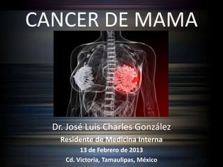 CANCER DE MAMA



  Dr. José Luis Charles González
    Residente de Medicina Interna
          13 de Febrero de 2013
     Cd. Victoria, Tamaulipas, México
 