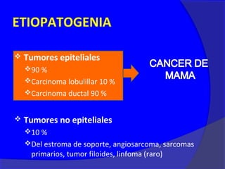 ETIOPATOGENIA

   Tumores epiteliales
    90 %
    Carcinoma lobulillar 10 %
    Carcinoma ductal 90 %


   Tumores no epiteliales
    10 %
    Del estroma de soporte, angiosarcoma, sarcomas
     primarios, tumor filoides, linfoma (raro)
 