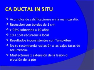CA DUCTAL IN SITU
   Acumulos de calcificaciones en la mamografía.
   Resección con bordes de 1 cm
   > 95% sobrevida a 10 años
   10 a 15% recurrencia local
   Resultados inconsistentes con Tamoxifen
   No se recomienda radiación x las bajas tasas de
    recurrencia.
   Mastectomia x extensión de la lesión o
    elección de la pte
 