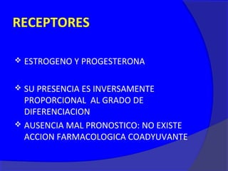 RECEPTORES

   ESTROGENO Y PROGESTERONA

 SU PRESENCIA ES INVERSAMENTE
  PROPORCIONAL AL GRADO DE
  DIFERENCIACION
 AUSENCIA MAL PRONOSTICO: NO EXISTE
  ACCION FARMACOLOGICA COADYUVANTE
 