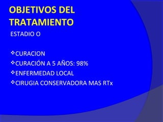 OBJETIVOS DEL
TRATAMIENTO
ESTADIO O

CURACION
CURACIÓN A 5 AÑOS: 98%
ENFERMEDAD LOCAL
CIRUGIA CONSERVADORA MAS RTx
 