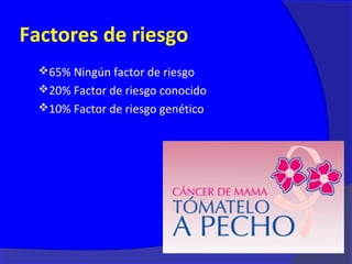 Factores de riesgo
  65% Ningún factor de riesgo
  20% Factor de riesgo conocido
  10% Factor de riesgo genético
 