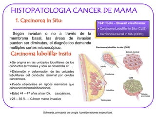 HISTOPATOLOGIA CANCER DE MAMA
1. Carcinoma In Situ:
Según invadan o no a través de la
membrana basal, las áreas de invasión
pueden ser diminutas, el diagnóstico demanda
múltiples cortes microscópico.
1941 foote – Stewart clasificaron:
• Carcinoma Lobulillar in Situ (CLIS)
• Carcinoma Ductal In Situ (CDIS)
Carcinoma lubolillar Insitu
Se origina en las unidades lobulillares de los
conductos terminales y sólo se desarrolla en .
Distensión y deformación de las unidades
lobulillares del conducto terminal por células
cancerosas.
Puede observarse en tejidos mamarios que
contienen microcalcificaciones.
Edad 44 – 47 años al ser Dx. caucásicas.
25 – 35 % → Cáncer mama invasivo
Carcinoma lubolillar Insitu
Según invadan o no a través de la
membrana basal, las áreas de invasión
pueden ser diminutas, el diagnóstico demanda
múltiples cortes microscópico.
1941 foote – Stewart clasificaron:
• Carcinoma Lobulillar in Situ (CLIS)
• Carcinoma Ductal In Situ (CDIS)Según invadan o no a través de la
membrana basal, las áreas de invasión
pueden ser diminutas, el diagnóstico demanda
múltiples cortes microscópico.
Schwartz, principios de cirugia /consideraciones especificas.
 