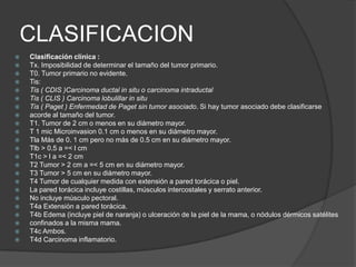 CLASIFICACION
 Clasificación clínica :
 Tx. Imposibilidad de determinar el tamaño del tumor primario.
 T0. Tumor primario no evidente.
 Tis:
 Tis ( CDIS )Carcinoma ductal in situ o carcinoma intraductal
 Tis ( CLIS ) Carcinoma lobulillar in situ
 Tis ( Paget ) Enfermedad de Paget sin tumor asociado. Si hay tumor asociado debe clasificarse
 acorde al tamaño del tumor.
 T1. Tumor de 2 cm o menos en su diámetro mayor.
 T 1 mic Microinvasion 0.1 cm o menos en su diámetro mayor.
 Tla Más de 0. 1 cm pero no más de 0.5 cm en su diámetro mayor.
 Tlb > 0.5 a =< l cm
 T1c > l a =< 2 cm
 T2 Tumor > 2 cm a =< 5 cm en su diámetro mayor.
 T3 Tumor > 5 cm en su diámetro mayor.
 T4 Tumor de cualquier medida con extensión a pared torácica o piel.
 La pared torácica incluye costillas, músculos intercostales y serrato anterior.
 No incluye músculo pectoral.
 T4a Extensión a pared torácica.
 T4b Edema (incluye piel de naranja) o ulceración de la piel de la mama, o nódulos dérmicos satélites
 confinados a la misma mama.
 T4c Ambos.
 T4d Carcinoma inflamatorio.
 