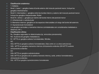 Clasificación anatómica:
 1- Axilares ;
 Nivel I ( base ) : ganglios hasta el borde externo del músculo pectoral menor. Incluye los
 ganglios intramamarios
 Nivel II ( intermedios ) : ganglios entre los bordes interno y externo del músculo pectoral menor.
 Incluye los ganglios interpectorales: Rotter
 Nivel III ( vértice ) : ganglios por dentro del borde interno del pectoral menor
 2- Infraclavicular o subclavicular
 3- Mamarios internos :ganglios en los espacios intercostales a lo largo del borde del esternón.
 4- Supraclavicular homolateral
 Los ganglios cervicales y mamarios internos contralaterales son considerados metástasis a
 distancia ( M1 ) .
 Clasificación clínica
 Nx. Ganglios regionales no determinados (ej. removidos previamente).
 NO. Ausencia de ganglios metastásicos.
 N1. MTTS en ganglios axilares homolaterales. Móviles.
 N2:
 N2a: MTTS en ganglios axilares homolaterales ( fijos entre sí o a otras estructuras)
 N2b : MTTS en ganglios mamarios internos clínicamente evidentes SIN MTTS axilares
 clínicamente evidentes
 N3:
 N3a: MTTS en ganglios subclaviculares
 N3b: MTTS en ganglios de la cadena mamaria interna y axila, ambos homolaterales y
 clinicamente evidentes.
 N3c : MTTS en ganglios supraclaviculares homolaterales
 