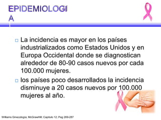  La incidencia es mayor en los países
industrializados como Estados Unidos y en
Europa Occidental donde se diagnostican
alrededor de 80-90 casos nuevos por cada
100.000 mujeres.
 los países poco desarrollados la incidencia
disminuye a 20 casos nuevos por 100.000
mujeres al año.
Williams Ginecología; McGrawHill; Capitulo 12; Pag 269-287
 