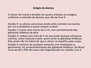 Estágio da doença
O câncer de mama é dividido em quatro estadios ou estágios,
conforme a extensão da doença, que vão do 0 ao 4:
Estadio 0: as células cancerosas ainda estão contidas nos ductos,
por isso o problema é quase sempre curável
Estadio 1: tumor com menos de 2 cm, sem acometimento das
glândulas linfáticas da axila
Estadio 3: nódulo com mais de 5 cm que pode alcançar estruturas
vizinhas, como músculo e pele, assim como as glândulas linfáticas.
Mas ainda não há indício de que o câncer se espalhou pelo corpo
Estadio 4: tumores de qualquer tamanho com metástases e,
geralmente, há comprometimento das glândulas linfáticas. No Brasil
cerca de 60 a 70% dos casos são diagnosticado em estadio 3 ou 4.
 
