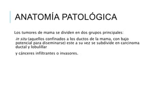 ANATOMÍA PATOLÓGICA
Los tumores de mama se dividen en dos grupos principales:
in situ (aquellos confinados a los ductos de la mama, con bajo
potencial para diseminarse) este a su vez se subdivide en carcinoma
ductal y lobulillar
y cánceres infiltrantes o invasores.
 