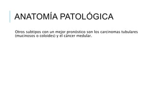 ANATOMÍA PATOLÓGICA
Otros subtipos con un mejor pronóstico son los carcinomas tubulares
(mucinosos o coloides) y el cáncer medular.
 