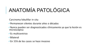 ANATOMÍA PATOLÓGICA
Carcinoma lobulillar in situ
Permanecen silentes durante años o décadas
Nunca pueden ser diagnosticados clínicamente ya que la lesión es
microscópica
Es multicentrico
Bilateral
En 35% de los casos se hace invasivo
 