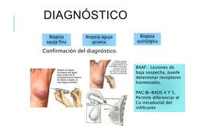 DIAGNÓSTICO
Confirmación del diagnóstico.
Biopsia
aguja fina
Biopsia aguja
gruesa
Biopsia
quirúrgica
BAAF:: Lesiones de
baja sospecha, puede
determinar receptores
hormonales.
PAG:BI-RADS 4 Y 5.
Permite diferenciar el
Ca intraductal del
infiltrante
 