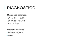 DIAGNÓSTICO
Marcadores tumorales:
-CA 15-3 > 53 u/ml
-CA 27-29 >40 u/ml
-ACE >5 u/ ml
Inmunohistoquímico.
-Receptor ER /PR +
-HER2+
 