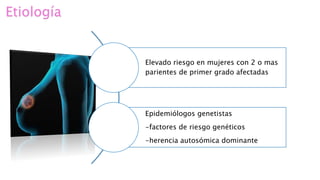 Etiología
Elevado riesgo en mujeres con 2 o mas
parientes de primer grado afectadas
Epidemiólogos genetistas
-factores de riesgo genéticos
-herencia autosómica dominante
 