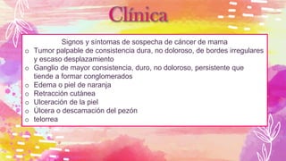 Signos y síntomas de sospecha de cáncer de mama
o Tumor palpable de consistencia dura, no doloroso, de bordes irregulares
y escaso desplazamiento
o Ganglio de mayor consistencia, duro, no doloroso, persistente que
tiende a formar conglomerados
o Edema o piel de naranja
o Retracción cutánea
o Ulceración de la piel
o Úlcera o descamación del pezón
o telorrea
 