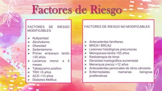 FACTORES DE RIESGO
MODIFICABLES
 Nuliparidad
 Alcoholismo
 Obesidad
 Sedentarismo
 Primer embarazo tardío
>30 años
 Lactancia menor a 6
meses
 Tabaquismo positivo
 TRH >5 años
 ACO >10 años
 Diabetes Mellitus
FACTORES DE RIESGO NO MODIFICABLES
 Antecedentes familiares
 BRCA1 BRCA2
 Lesiones histológicas precursoras
 Menopausia tardía >55 años
 Radioterapia de tórax
 Densidad mastográfica aumentada
 Menarquia precoz <12 años
 Antecedentes personales de otros cánceres
 Enfermedades mamarias benignas
proliferativas
 