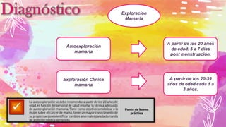 Exploración
Mamaria
Autoexploración
mamaria
A partir de los 20 años
de edad. 5 a 7 días
post menstruación.
A partir de los 20-39
años de edad cada 1 a
3 años.
Exploración Clínica
mamaria
 