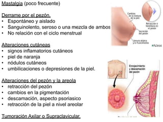 Mastalgia (poco frecuente)
Derrame por el pezón.
• Espontáneo y aislado
• Sanguinolento, seroso o una mezcla de ambos
• No relación con el ciclo menstrual
Alteraciones cutáneas
• signos inflamatorios cutáneos
• piel de naranja
• nódulos cutáneos
• umbilicaciones o depresiones de la piel.
Alteraciones del pezón y la areola
• retracción del pezón
• cambios en la pigmentación
• descamación, aspecto psoriasico
• retracción de la piel a nivel areolar
Tumoración Axilar o Supraclavicular.
 
