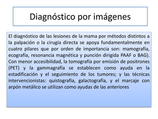 Diagnóstico por imágenes
El diagnóstico de las lesiones de la mama por métodos distintos a
la palpación o la cirugía directa se apoya fundamentalmente en
cuatro pilares que por orden de importancia son: mamografía,
ecografía, resonancia magnética y punción dirigida PAAF o BAG).
Con menor accesibilidad, la tomografía por emisión de positrones
(PET) y la gammagrafía se establecen como ayuda en la
estadificación y el seguimiento de los tumores; y las técnicas
intervencionistas: quistografía, galactografía, y el marcaje con
arpón metálico se utilizan como ayudas de las anteriores
 