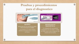 BIOPSIA
Extracción de una muestra de células
de la mama para su análisis
Una biopsia es la única manera
definitiva de diagnosticar el cáncer
de mama..
RESONANCIA
MAGNÉTICA.
La máquina de resonancia
magnética usa un imán y ondas
de radio para crear imágenes del
interior de la mama.
 