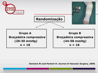Randomização



      Grupo A                              Grupo B
Braçadeira compressiva              Braçadeira compressiva
   (20-30 mmHg)                         (44-58 mmHg)
      n = 18                               n = 18




            Damstra RJ and Partsch H. Journal of Vascular Surgery, 2009.
 