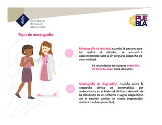 Mastografía de diagnóstico, cuando existe la
sospecha clínica de anormalidad por
antecedente en el historial clínico o derivado de
la detección de un síntoma o signo sospechoso
en el examen clínico de mama (exploración
médica o autoexploración) .
Mastografía de tamizaje, cuando la persona que
se realiza el estudio, se encuentra
aparentemente sana o sin ninguna sospecha de
anormalidad.
Se recomienda en mujeres entre 40 y
69 años de edad, cada dos años.
Tipos de mastografía
1
2
 