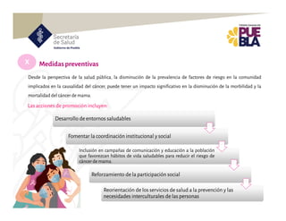 X Medidaspreventivas
Desde la perspectiva de la salud pública, la disminución de la prevalencia de factores de riesgo en la comunidad
implicados en la causalidad del cáncer, puede tener un impacto significativo en la disminución de la morbilidad y la
mortalidad del cáncer de mama.
Las acciones de promoción incluyen:
Desarrollo de entornos saludables
Desarrollo de entornos saludables
Fomentar la coordinación institucional y social
Fomentar la coordinación institucional y social
Inclusión en campañas de comunicación y educación a la población
que favorezcan hábitos de vida saludables para reducir el riesgo de
cáncer de mama.
Inclusión en campañas de comunicación y educación a la población
que favorezcan hábitos de vida saludables para reducir el riesgo de
cáncer de mama.
Reforzamiento de la participación social
Reforzamiento de la participación social
Reorientación de los servicios de salud a la prevención y las
necesidades interculturales de las personas
Reorientación de los servicios de salud a la prevención y las
necesidades interculturales de las personas
 