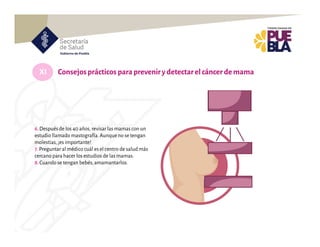 XI Consejosprácticos parapreveniry detectarelcáncer demama
6.Despuésde los 40 años, revisarlas mamas con un
estudio llamado mastografía.Aunque no se tengan
molestias,¡es importante!
7.Preguntar al médico cuál es el centro de salud más
cercano para hacer los estudios de las mamas.
8.Cuando se tengan bebés,amamantarlos.
 