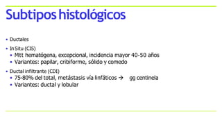 • Ductales
• In Situ (CIS)
• Mtt hematógena, excepcional, incidencia mayor 40-50 años
• Variantes: papilar, cribiforme, sólido y comedo
• Ductal infiltrante (CDI)
• 75-80% del total, metástasis vía linfáticos  gg centinela
• Variantes: ductal y lobular
Subtiposhistológicos
 