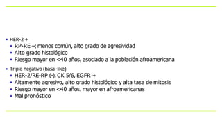 • HER-2 +
• RP-RE –; menos común, alto grado de agresividad
• Alto grado histológico
• Riesgo mayor en <40 años, asociado a la población afroamericana
• Triple negativo (basal-like)
• HER-2/RE-RP (-), CK 5/6, EGFR +
• Altamente agresivo, alto grado histológico y alta tasa de mitosis
• Riesgo mayor en <40 años, mayor en afroamericanas
• Mal pronóstico
 