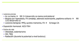• Lesiones previas
• Ac ca mama  RR 3-4 desarrollo ca mama contralateral
• Biopsia por hiperplasia, FA complejo, adenosis esclerosante, papiloma solitario  RR
1.5-2 desarrollo ca
S/riesgo CA
• Lesiones benignas: MFQ, quistes mamarios, FA 
• Exposición hormonal: ACO-TRH
• Estilos de vida
• Obesidad, sedentarismo
• OH, TBQ
• Radiación (durante la pubertad a nivel torácico)
 