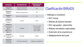 ClasificaciónBIRADS
• Hallazgos a considerar:
• MCC únicas
• Nódulos de aspecto benigno
• MCC agrupadas - pleomorfas
• Nódulos estrellados-especulados
• Distorsión de la arquitectura
• Adelgazamiento de la piel
 