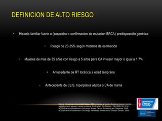 DEFINICION DE ALTO RIESGO

•   Historia familiar fuerte o (sospecha o confirmacion de mutación BRCA) predisposción genética


                      •       Riesgo de 20-25% según modelos de estimación


    •   Mujeres de mas de 35 años con riesgo a 5 años para CA invasor mayor o igual a 1.7%


                          •    Antecedente de RT torácica a edad temprana


                  •   Antecedente de CLIS, hiperplasia atipica o CA de mama




                                   Cancer Screening in the United States, 2009: A review of current American Cancer Society
                                   guidelines and issues in cancer screeing. Smith et al. CA Cancer J Clin 2009; 59; 27-41.
                                   NCCN Practice Guidelines in Oncology. Breast Cancer Screening and Diagnosis, 2009.
                                   NCCN Practice Guidelines in Oncology, Hereditary Breast and/or Ovarian Cancer, 2008.
 