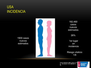 USA
INCIDENCIA

                                    182,460
                                     casos
                                    nuevos
                                   estimados

                                         26%
     1900 casos
       nuevos                        1er lugar
      estimados                         en
                                    incidencia

                                 Riesgo vitalicio
                                      1/8


                  Cancer Statistics 2008. Jemal, A. et
                  al. CA Cancer J Clin 2008;58:71-
                  96.
 