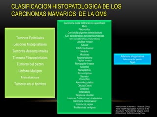 CLASIFICACION HISTOPATOLOGICA DE LOS
CARCINOMAS MAMARIOS DE LA OMS
                           Carcinoma ductal infiltrante no especificado
                                               Mixto
                                           Pleomorfico
                              Con células gigantes osteoclásticas
                            Con características coriocarcinomatosas
  Tumores Epiteliales            Con caracteristicas melanóticas
                                        Lobulillar invasor
Lesiones Mioepiteliales                      Tubular
                                       Cribiforme Invasor
Tumores Mesenquimales                        Medular
                                            Mucinoso
                                                                                Adenoma siringomatosa
Tumroes Fibroepiteliales                Neuroendócrino
                                                                                 Adenoma del pezón
                                         Papilar invasor
                                                                                       Paget
  Tumores del pezón                   Micropapilar invasor
                                             Apócrino
   Linfoma Maligno                         Metaplástico
                                         Rico en lipidos
                                             Secretor
     Metastásicos                           Oncocitico
                                       Adenoideoquistico
 Tumores en el hombre                    Células Claras
                                             Sebáceo
                                           Inflamatorio
                                       Neoplasia lobulillar
                              Lesiones Proliferativas intraductales
                                    Carcinoma microinvasor
                                       Intraductal papilar
                                     Proliferativas benignas              Peter Devilee; Fattaneh A. Tavassoli (2003).
                                                                          World Health Organization: Tumours of the
                                                                          Breast and Female Genital Organs. Oxford
                                                                          [Oxfordshire]: Oxford University Press.
 
