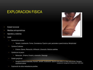 EXPLORACION FISICA


•   Estado funcional
•   Medidas antropométricas
•   Aparatos y sistemas
•   Local
     •      Aumento de volumen
              •   Tamaño, Localización, Forma, Consistencia, Fijación a piel, pectorales o pared torácica, Multiplicidad
     •      Cambios Cutáneos
              •   Eritema, Edema, Retracción, Infiltración, Ulceración, Nódulos satélites
     •      Cambios en el pezon
              •   Retracción , Eritema, Erosión y ulceración, Descarga
     •      Estado ganglionar
              •   Ganglios axilares bilaterales, Numero, tamaño, localización, fijación entre ellos o a otras estructuras, Ganglios
                  supraclaviculares                                                      Guidelines for management of breast cancer. WHO 2006.


     •      Exploración de sitios metastásicos posibles.
 