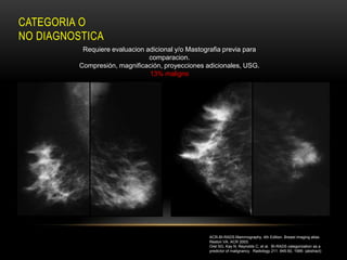 CATEGORIA O
NO DIAGNOSTICA
           Requiere evaluacion adicional y/o Mastografia previa para
                                comparacion.
          Compresión, magnificación, proyecciones adicionales, USG.
                                13% maligno




                                                   ACR-BI-RADS Mammography, 4th Edition. Breast imaging atlas.
                                                   Reston VA. ACR 2003.
                                                   Orel SG, Kay N, Reynolds C, et al. BI-RADS categorization as a
                                                   predictor of malignancy. Radiology 211: 845-50, 1999. (abstract)
 