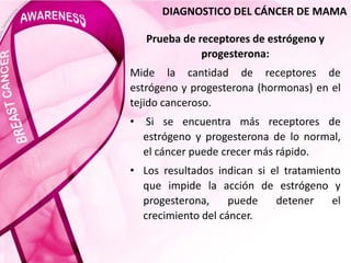 DIAGNOSTICO DEL CÁNCER DE MAMA
Prueba de receptores de estrógeno y
progesterona:
Mide la cantidad de receptores de
estrógeno y progesterona (hormonas) en el
tejido canceroso.
• Si se encuentra más receptores de
estrógeno y progesterona de lo normal,
el cáncer puede crecer más rápido.
• Los resultados indican si el tratamiento
que impide la acción de estrógeno y
progesterona, puede detener el
crecimiento del cáncer.
 