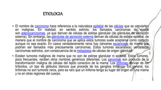ETIOLOGIA
• El nombre de carcinoma hace referencia a la naturaleza epitelial de las células que se convierten
en malignas. En realidad, en sentido estricto, los llamados carcinomas de mama
son adenocarcinomas, ya que derivan de células de estirpe glandular (de glándulas de secreción
externa). Sin embargo, las glándulas de secreción externa derivan de células de estirpe epitelial, de
manera que el nombre de carcinoma que se aplica estos tumores suele aceptarse como correcto
aunque no sea exacto. En casos verdaderamente raros hay cánceres escamosos de mama que
podrían ser llamados más precisamente carcinomas. Estos tumores escamosos, verdaderos
carcinomas estrictos, son consecuencia de la metaplasia de células de origen glandular.
• Existen tumores malignos de mama que no son de estirpe glandular ni epitelial. Estos tumores,
poco frecuentes, reciben otros nombres genéricos diferentes. Los sarcomas son producto de la
transformación maligna de células del tejido conectivo de la mama. Los linfomas derivan de los
linfocitos, un tipo de glóbulos blancos que procede de los ganglios linfáticos. En general, los
linfomas no son tumores raros, pero es raro que un linfoma tenga su lugar de origen en una mama
y no en otras regiones del cuerpo.
 