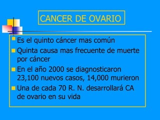 CANCER DE OVARIO

 Es el quinto cáncer mas común
 Quinta causa mas frecuente de muerte
  por cáncer
 En el año 2000 se diagnosticaron
  23,100 nuevos casos, 14,000 murieron
 Una de cada 70 R. N. desarrollará CA
  de ovario en su vida
 