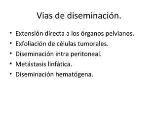 Vias de diseminación. Extensión directa a los órganos pelvianos. Exfoliación de células tumorales. Diseminación intra peritoneal. Metástasis linfática. Diseminación hematógena. 