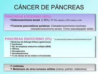 CÁNCER DE PÁNCREAS
PÁNCREAS EXOCRINO (95%)
Adenocarcinoma ductal (± 90%)  70% cabeza y 30% cuerpo y cola
Tumores pancreáticos quísticos: Cistoadenocarcinoma mucinoso,
cistoadenocarcinoma seroso, Tumor pseudopapilar sólido.
PÁNCREAS ENDOCRINO (5%) “TU NEUROENDOCRINOS ENTEROPANCREÁTICOS”
Síndrome de Zollinger-Ellison (gastrinoma)
 Insulinoma
 Sd. de neoplasia endocrina múltiple (NEM)
 VIPoma
 Glucagonoma
 Somatostatinoma
 Tu de células de los islotes no funcionales
 Linfomas
 Metástasis de otros tumores sólidos (mama, pulmón, melanoma)
 