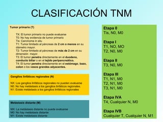 CLASIFICACIÓN TNM
Tumor primario (T)
TX: El tumor primario no puede evaluarse
T0: No hay evidencia de tumor primario
Tis: Carcinoma in situ
T1: Tumor limitado al páncreas de 2 cm o menos en su
diámetro mayor.
T2: Tumor limitado al páncreas de más de 2 cm en su
dimensión mayor.
T3: El tumor penetra directamente en el duodeno,
conducto biliar o en el tejido peripancreático.
T4: El tumor penetra directamente en el estómago, bazo,
colon o los vasos grandes adyacentes.
Ganglios linfáticos regionales (N)
NX: Los ganglios linfáticos regionales no pueden evaluarse
N0: No hay metástasis a los ganglios linfáticos regionales.
N1: Existe metástasis a los ganglios linfáticos regionales
Metástasis distante (M)
MX: La metástasis distante no puede evaluarse
M0: No hay metástasis distante
M1: Existe metástasis distante
Etapa 0
Tis, N0, M0
Etapa I
T1, NO, MO
T2, N0, M0
Etapa II
T3, N0, M0
Etapa III
T1, N1, M0
T2, N1, M0
T3, N1, M0
Etapa IVA
T4, Cualquier N, M0
Etapa IVB
Cualquier T, Cualquier N, M1
 