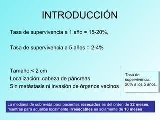 INTRODUCCIÓN
Tasa de supervivencia a 1 año = 15-20%,
Tasa de supervivencia a 5 años = 2-4%
Tamaño:< 2 cm
Localización: cabeza de páncreas
Sin metástasis ni invasión de órganos vecinos
Tasa de
supervivencia:
20% a los 5 años.
La mediana de sobrevida para pacientes resecados es del orden de 22 meses,
mientras para aquellos localmente irresecables es solamente de 10 meses
 