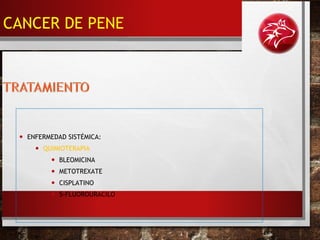 • ENFERMEDAD SISTÉMICA:
• QUIMIOTERAPIA
• BLEOMICINA
• METOTREXATE
• CISPLATINO
• 5-FLUOROURACILO
CANCER DE PENE
 