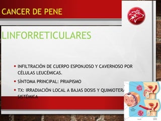 • INFILTRACIÓN DE CUERPO ESPONJOSO Y CAVERNOSO POR
CÉLULAS LEUCÉMICAS.
• SÍNTOMA PRINCIPAL: PRIAPISMO
• TX: IRRADIACIÓN LOCAL A BAJAS DOSIS Y QUIMIOTERAPIA
SISTÉMICA
LINFORRETICULARES
CANCER DE PENE
 