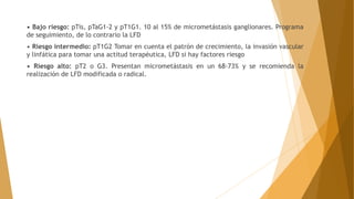 • Bajo riesgo: pTis, pTaG1-2 y pT1G1. 10 al 15% de micrometástasis ganglionares. Programa
de seguimiento, de lo contrario la LFD
• Riesgo intermedio: pT1G2 Tomar en cuenta el patrón de crecimiento, la invasión vascular
y linfática para tomar una actitud terapéutica, LFD si hay factores riesgo
• Riesgo alto: pT2 o G3. Presentan micrometástasis en un 68-73% y se recomienda la
realización de LFD modificada o radical.
 