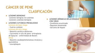 CÁNCER DE PENE
CLASIFICACIÓN
 LESIONES BENIGNAS
-Lesiones benignas no cutáneas
-Lesiones cutáneas benignas
 LESIONES CUTÁNEAS PREMALIGNAS
Lesiones de bajo riesgo
- Cuerno cutáneo
Lesiones de alto riesgo
- Balanitis xerótica obliterans
- Carcinoma in situ de pene -eritroplasia
de Queyrat - enfermedad de Bowen
Otras
- Balanitis seudoepiteliomatosa micácea y
queratótica
- Leucoplaquia
 LESIONES DÉRMICAS RELACIONADAS
CON VIRUS
-Condiloma acuminado
-Papulosis bowenoide
-Sarcoma de Kaposi
 